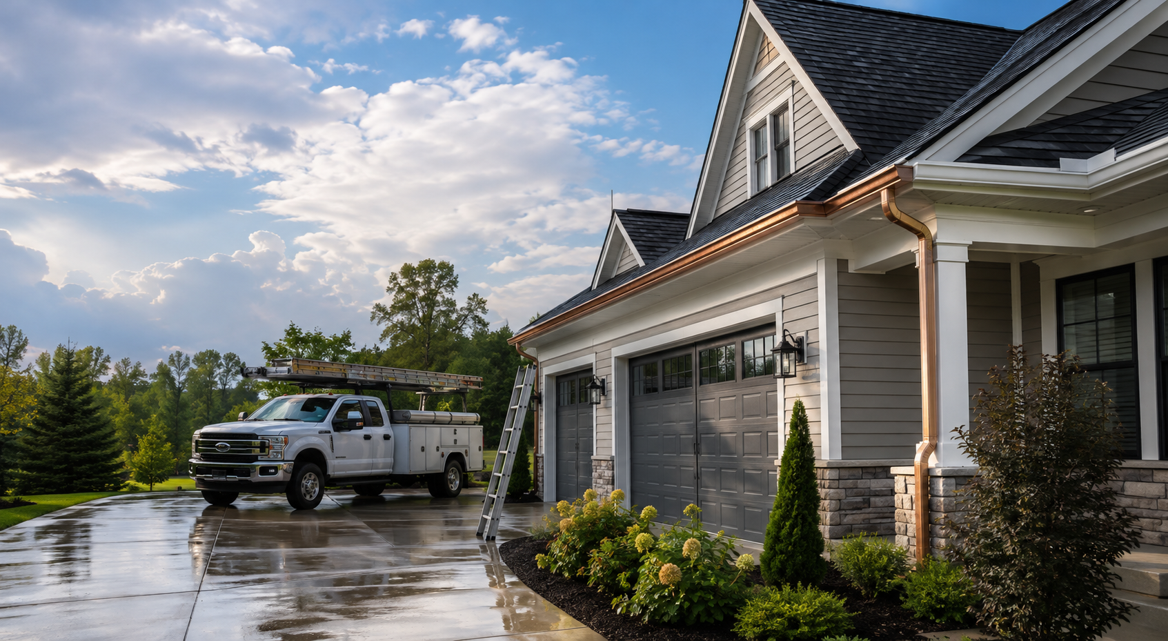 A well maintained home with seamless gutters and an installer truck after rain